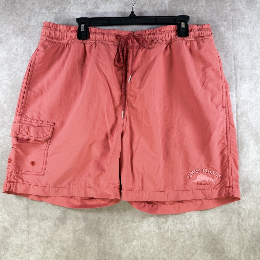 Tommy Bahama Relax‎ Swim Trunks Men Large Coral Orange Cargo Drawstring Liner